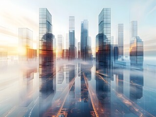Fototapete - Futuristic Wireframe Architecture Cutting Edge 3D Rendered Building in Innovative Graphic Cityscape