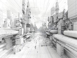 Poster - futuristic wireframe architecture in 3d