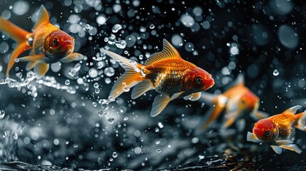 Dynamic photo of goldfish swimming with water splashes against a dark background. High contrast with vivid colors.