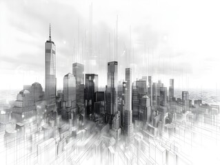 Poster - Gleaming Modernist Skyscraper in Minimalist Wireframe Cityscape Graphic Art
