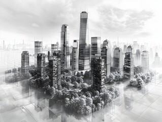 Poster - Modernist Skyscraper in Gleaming Wireframe Cityscape Graphic Art