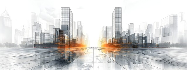 Poster - gleaming modernist skyscraper in wire frame cityscape graphic art