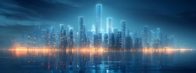Poster - modernist skyscraper in wire frame gleaming cityscape graphic art 3d render