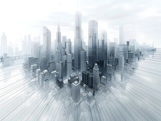 Poster - Modernist Wireframe Skyscraper in Gleaming Cityscape Graphic Art