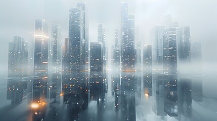 Poster - modernist wireframe skyscraper in gleaming cityscape graphic art