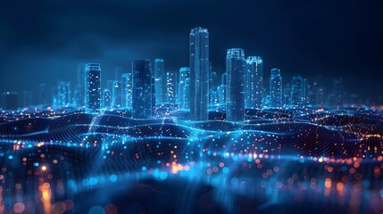 Poster - modernist skyscraper in wire frame gleaming cityscape of futuristic 3d generative art