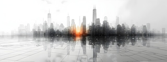 Poster - modernist skyscraper in gleaming futuristic cityscape wireframe 3d