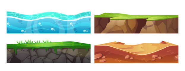 Poster - Seamless ground texture set for game ui design. Vector cartoon illustration of sea underwater, soil with green grass, rocky surface, sandy desert layers, underground patterns for gaming landscape