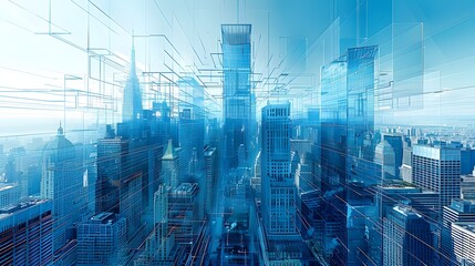 Poster - modernist skyscraper wireframe gleaming cityscape graphic art