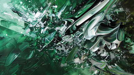 Wall Mural - An avant-garde painting showcasing organic and structured elements in emerald and silver