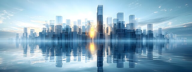 Poster - modernist skyscraper wireframe in gleaming futuristic cityscape