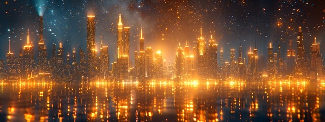 Poster - modernist skyscraper in gleaming wireframe cityscape generative 3d graphic art