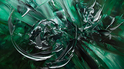 Wall Mural - An avant-garde painting showcasing organic and structured elements in emerald and silver