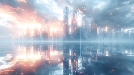 Poster - Gleaming Modernist Skyscraper in Wire Frame Futuristic Cityscape Digital Art