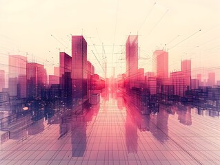 Poster - Modernist Skyscraper Cityscape in Gleaming Wireframe