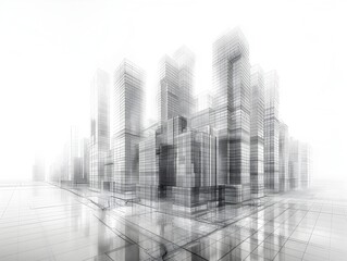 Poster - modernist skyscraper in gleaming 3d wireframe cityscape futuristic graphic art