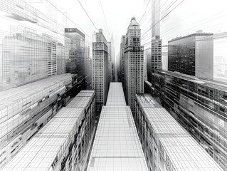Poster - Modernist Skyscraper in Wire Frame Gleaming Cityscape Graphic Art 3D Render