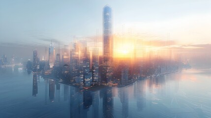 Poster - modernist wireframe skyscraper in gleaming futuristic cityscape graphic 3d digital art render