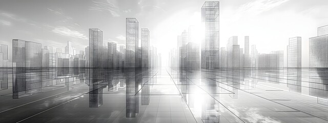 Poster - Modernist Wireframe Skyscraper in Futuristic Digital Cityscape