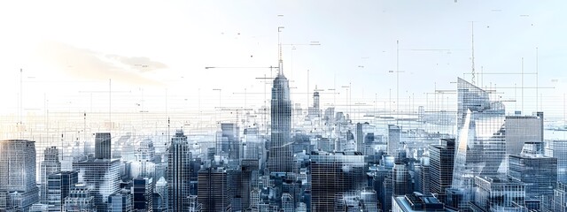 Poster - Modernist Skyscraper in Wire Frame Gleaming Cityscape Graphic Art