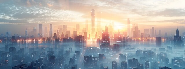 Poster - modernist skyscraper in sleek wire frame cityscape graphic art