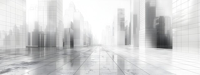 Poster - modernist skyscraper in gleaming wireframe cityscape