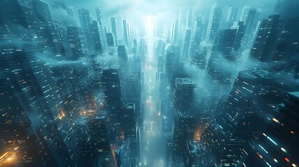 Poster - Modernist Skyscraper in Gleaming Wireframe Cityscape Graphic Art Render