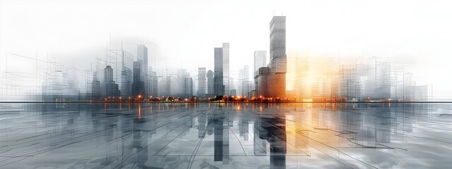 Poster - gleaming modernist wireframe skyscraper in futuristic urban cityscape