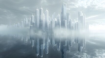 Poster - gleaming modernist skyscraper in wireframe graphic 3d cityscape