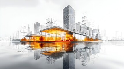 Poster - modernist skyscraper wireframe cityscape graphic art
