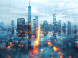 Poster - Gleaming Modernist Skyscraper in Futuristic Wireframe Cityscape Digital Art