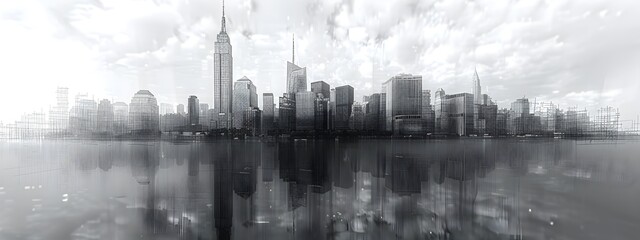 Poster - modernist skyscraper in gleaming wireframe cityscape graphic art