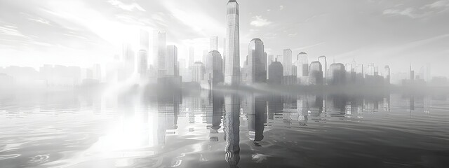 Poster - modernist 3d wireframe skyscraper in a gleaming cityscape graphic art