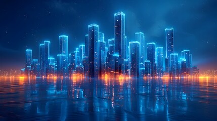 Poster - gleaming modernist skyscraper in wire frame cityscape digital artwork
