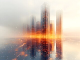 Poster - Modernist Wireframe Skyscraper in Gleaming Cityscape Graphic Art