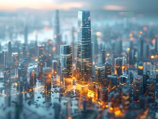 Poster - modernist skyscraper in gleaming wireframe cityscape graphic art