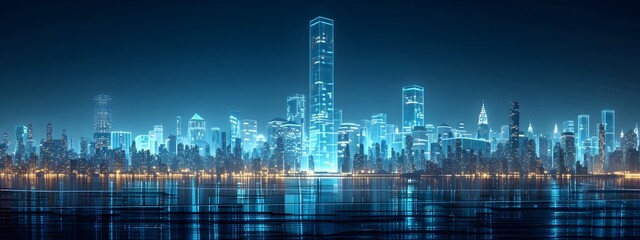 Poster - modernist 3d wireframe skyscraper in gleaming cityscape