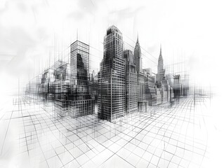 Poster - Modernist Wireframe Skyscraper in a Gleaming Digital Cityscape