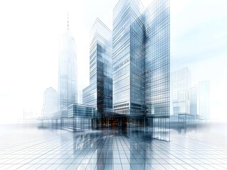Poster - Gleaming Modernist Wireframe Skyscraper in Futuristic Cityscape Graphic Art