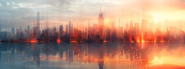 Poster - modernist skyscraper in wire frame gleaming cityscape graphic art 3d render