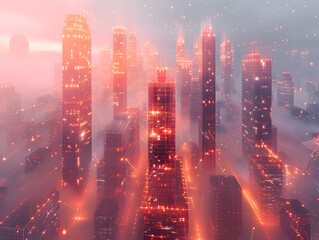 Poster - modernist skyscraper in wire frame gleaming cityscape 3d architectural digital art