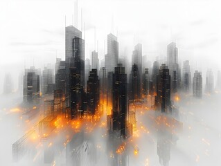 Poster - gleaming modernist skyscraper in wire frame cityscape digital