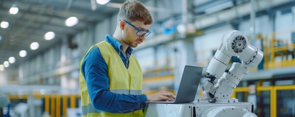 Poster - Engineer working with a laptop in a modern factory with robotics technology