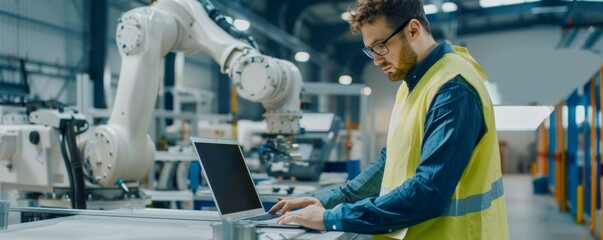 Poster - Engineer working with laptop in modern manufacturing facility with robotic arm