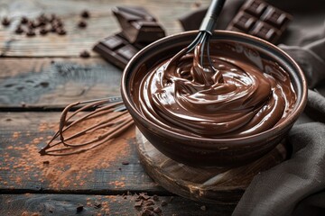 Wall Mural - World Chocolate Day. Melted homemade chocolate cream in bowl with whisk on dark wooden background, selective focus. Greeting card or banner concept. Generative ai