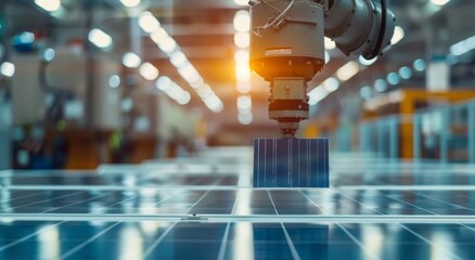 Poster - Robotic arm in a factory setting handling solar panels with precision and efficiency