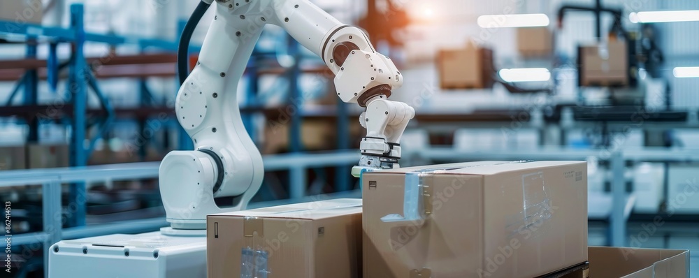 Robotic arm loading cardboard boxes in a warehouse automation ...
