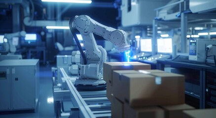 Poster - Robotic arm in futuristic factory working on assembly line with cardboard boxes and glowing lights