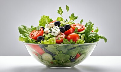 green salad with fresh ingredients in a clear bowl