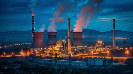 Nuclear power plant's chimneys and cooling towers at night, beautiful industrial scene, raw and vivid, detailed lights and shadows